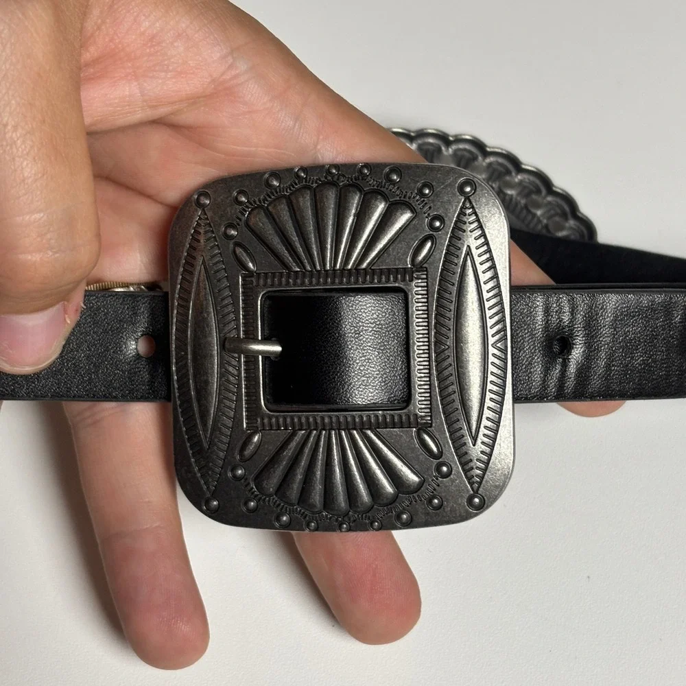 Womens Concho Belt Lrg Black Faux Leather Silver Tone Western Festival Boho Edgy